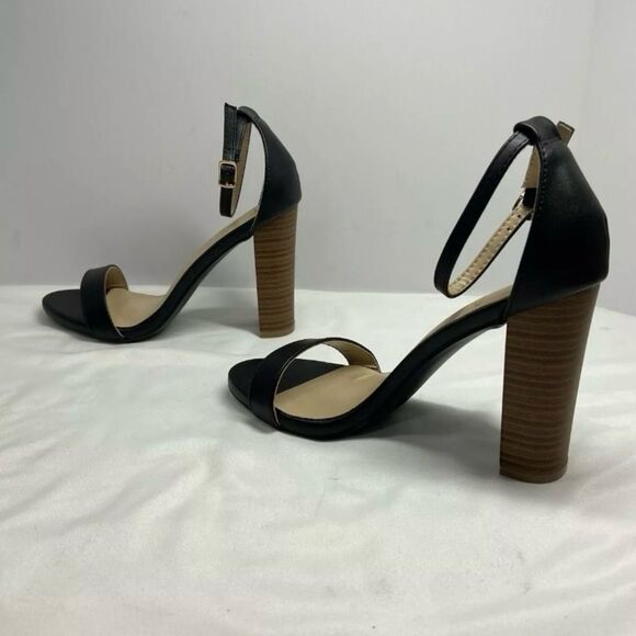 Lulus Taylor Stacked Heels NWOB Black Leather Open Toe Sandals 6 - Picture 3 of 7